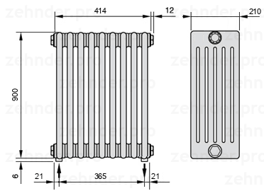 Схема (чертеж) Радиатор Zehnder Charleston 6090/9 №3570 Белый глянцевый RAL 9016